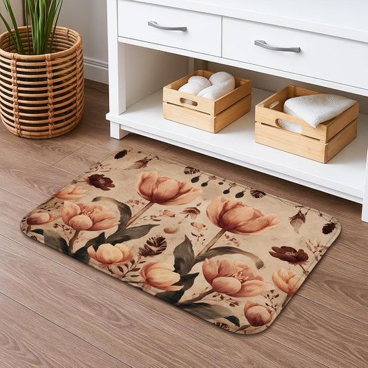 Floral Vintage Quick Dry Bath Mat, Elegant Peach Flowers Botanical Absorbent Non Slip Shower Mat, Spring Memory Foam Washable Bath Rugs for Bathroom Toilet Restroom Decorative 20x32 Inch