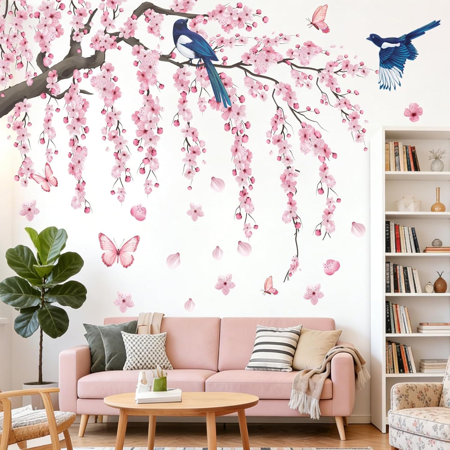 Cherry Blossom Wall Decals Stickers - Tree Floral Birds Wall Stickers Spring Pink Peel and Stick Wall Murals Decor for Living Room Bedroom