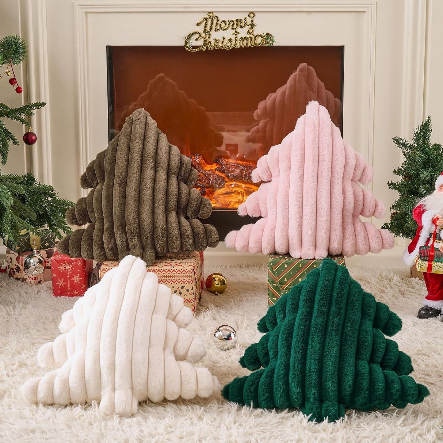 Lanpn Christmas Tree Pillows Set of 2, Christmas Decoration Wide Stripes Winter Throw Pillows Soft Cute 3D Shaped Xmas Tree Throw Cushion for Sofa Bedroom Xmas Decor (18x16 inch, Pink)