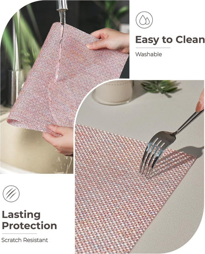 Leetaltree Sparkling Pink Iridescent Vinyl Woven Placemats, Set of 8, Waterproof Washable Dining Table Mats for Wedding, Anniversary, Daily Use & Decor