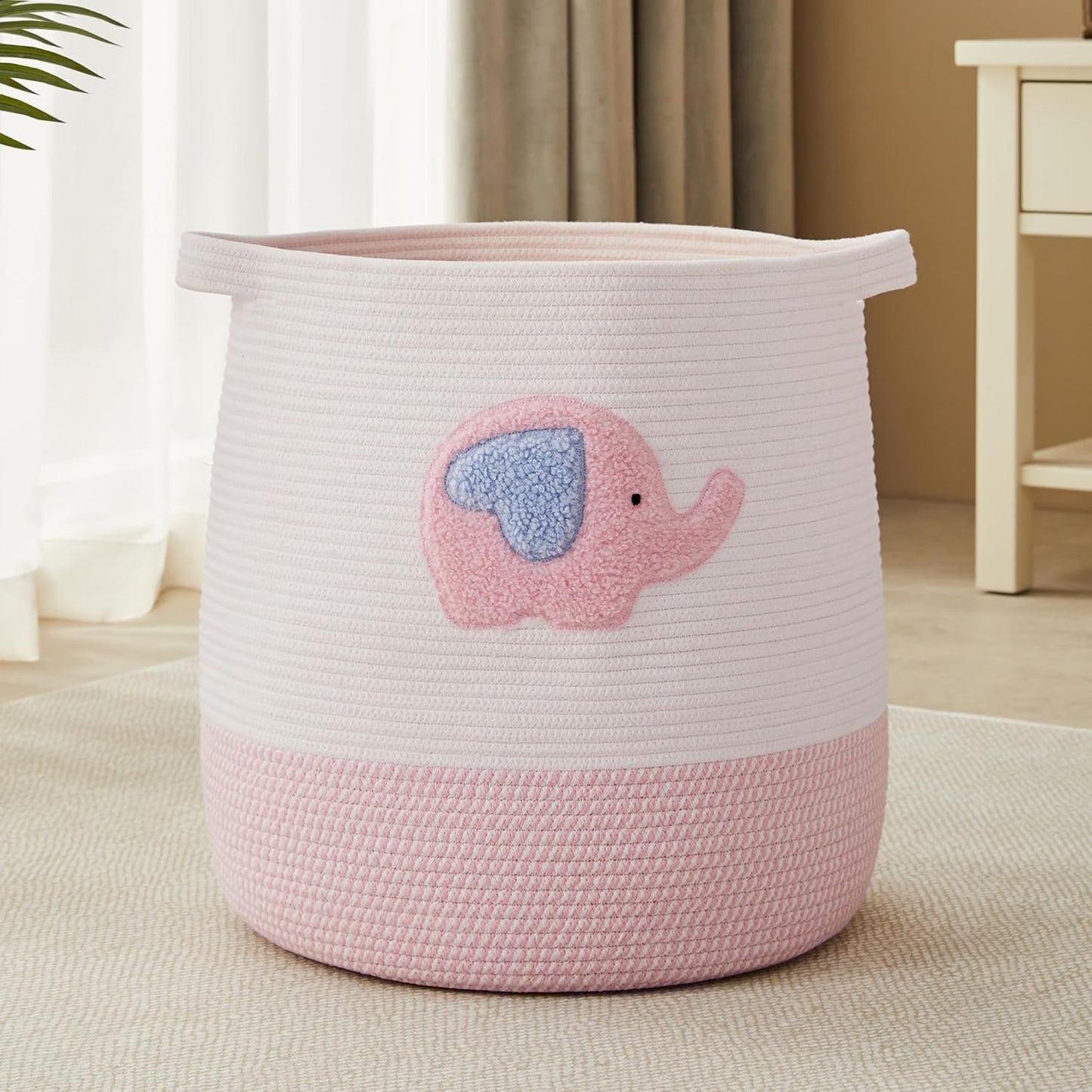 Large Baby Laundry Basket, Pink Cotton Rope Laundry Hamper for Kids Girls, Toy Blanket Storage Basket for Girls Room Bedroom, 16" W x 17.7" H