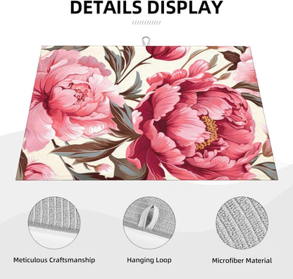 Pink Peony Dish Drying Mats for Kitchen Counter, Absorbent Reversible Microfiber Dish Drying Pad, Multi-Use Large Drying Mat Coffee Bar Accessories 18"x24"