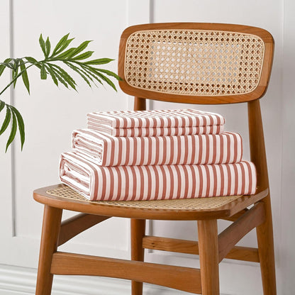 JELLYMONI Natural Cotton Bedding Set, 4-Piece Striped Sheets – King Size, Pink