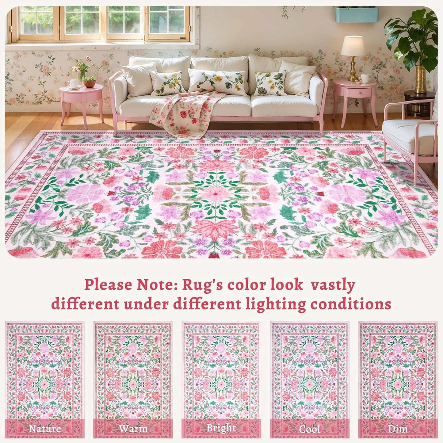Ciicool 2x4 Small Rug for Entryway Runner Kitchen Washable Area Rugs Low Pile Soft Boho Non Slip Carpet for Entrance Hallway Laundry Bedroom Pink Floral Carpets