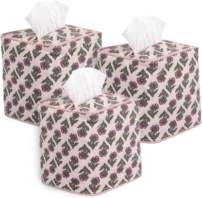 3Pcs Pink Flower Cotton Tissue Box Cover Hand Block Printed 5" x 5" x 5.5" Square Soft Reusable Floral Napkin Holder for Home Kitchen Dining Bathroom Office Cafe (Pink)