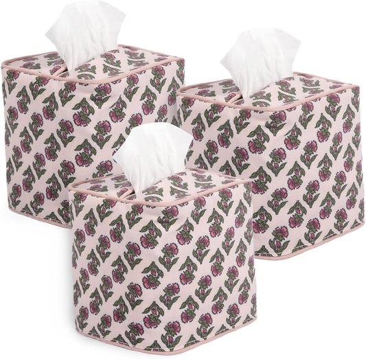 3Pcs Pink Flower Cotton Tissue Box Cover Hand Block Printed 5" x 5" x 5.5" Square Soft Reusable Floral Napkin Holder for Home Kitchen Dining Bathroom Office Cafe (Pink)