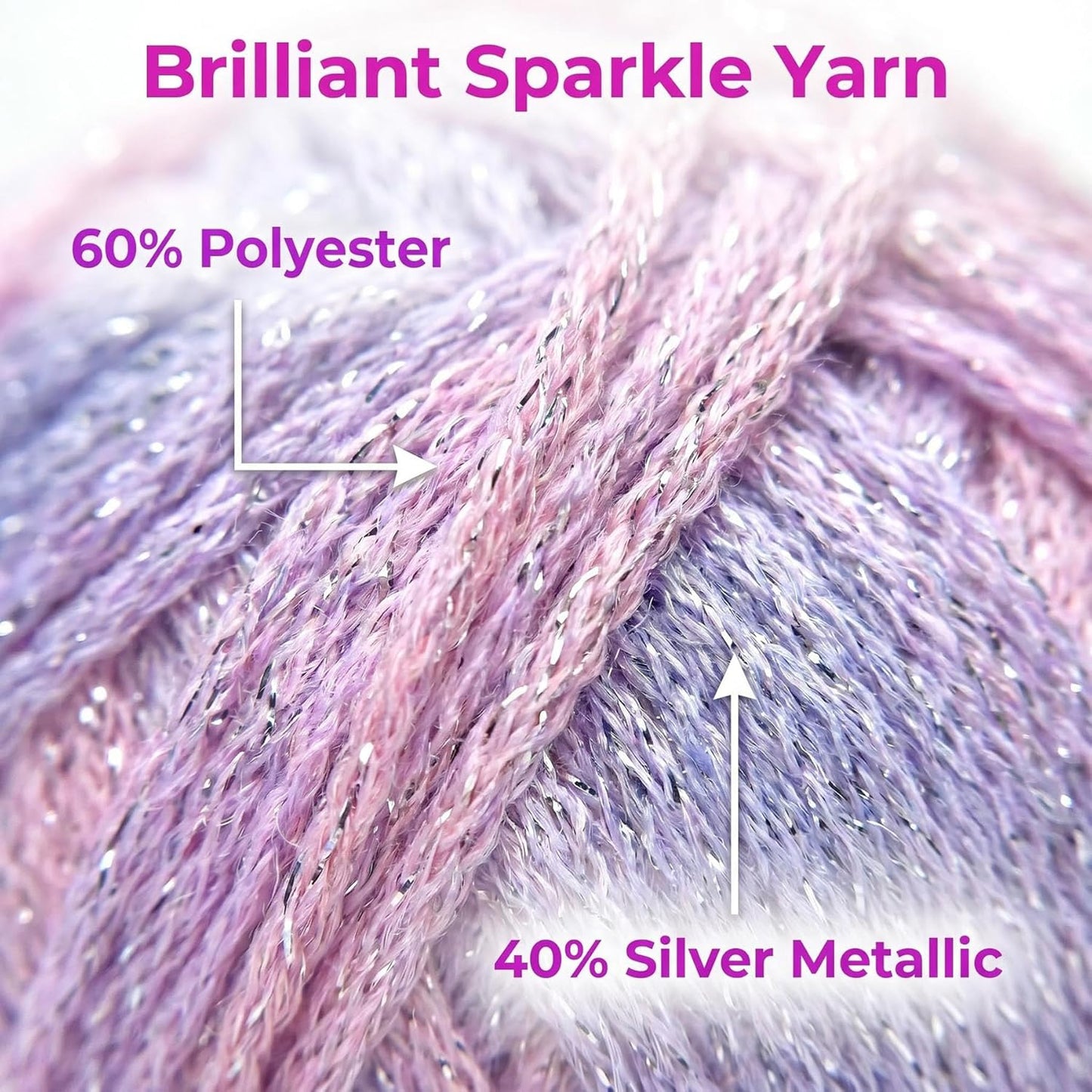 Sparkly Variegated Yarn for Crocheting-3 Pack of 100g/3.53oz-#4 Worsted (Medium)-Polyester Silver Metallic Blend Colorful Knitting Yarn for Handmade DIY Crafts-Pink&Purple