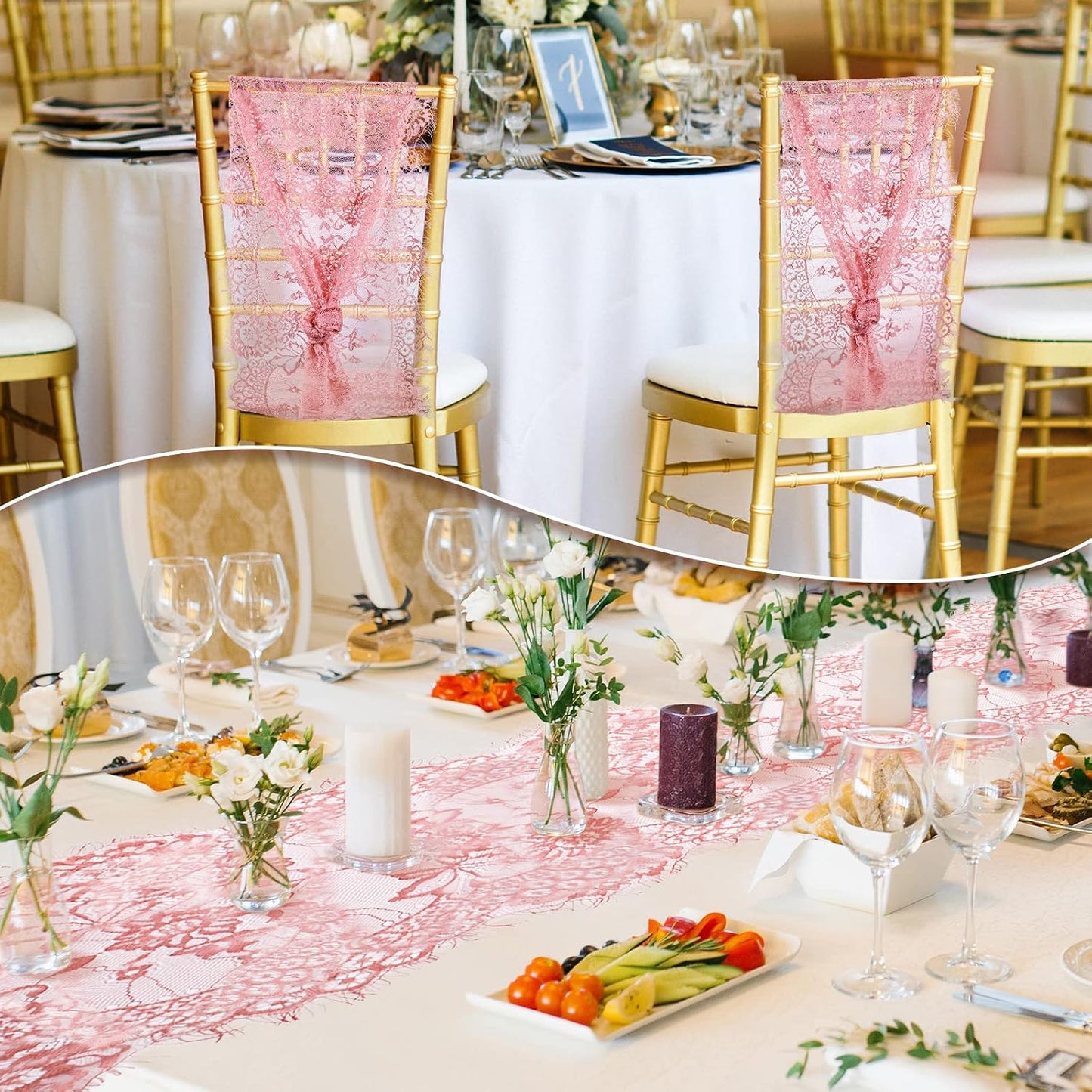 Newwiee 10 Pcs Rose Pink Lace Table Runner 14 x 120 Inch Embroidered Floral Cloths Romantic Table Runner for Wedding Bridal Shower Birthday Party Decorations