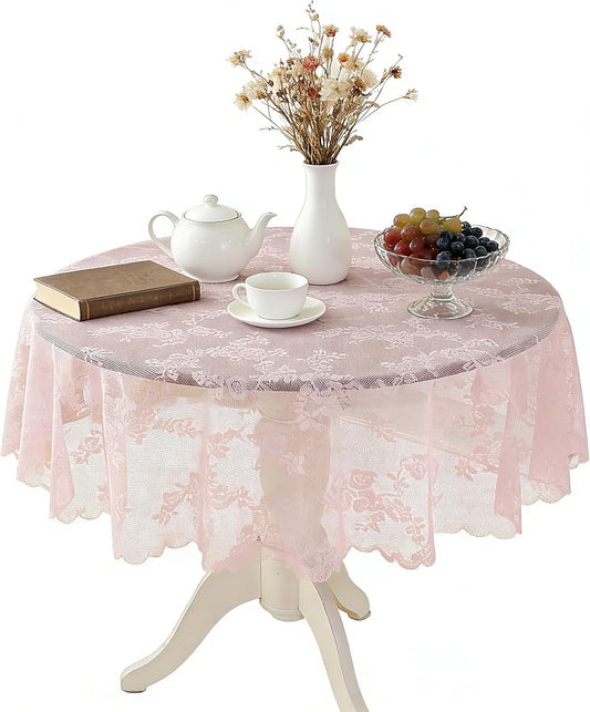 Lace Round tablecloths Vintage Country-Style tablecloths Elegant lace tablecloths for Afternoon Tea Wedding Party Baby Shower Birthday Home Decor Holiday Decorations (Pink, 86in（Round)