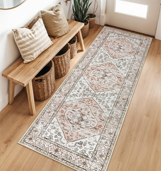 Lahome Boho Washable Non-Slip Pink Rug - Ultra-Thin Non-Shedding Bedroom Bathroom Carpet Runner for Hallway Entryway Adelyn (Pink, 2'x6')