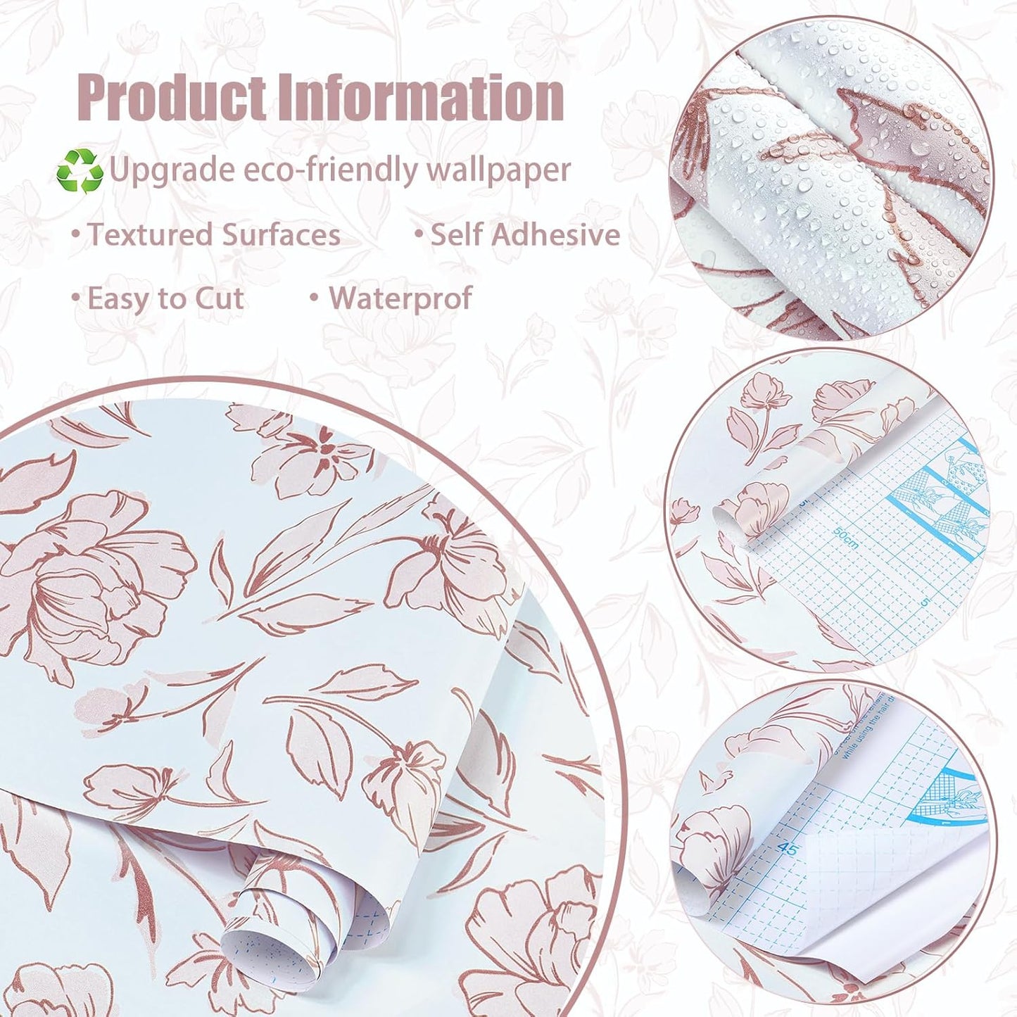 HeloHo Floral Peel and Stick Wallpaper Pink and White Wall Paper Modern Boho Removable Self Adhesive Flower Leaf Contact Paper for Cabinets Bedroom Bathroom Waterproof Vinyl Rolls 17.3" X 78.7"