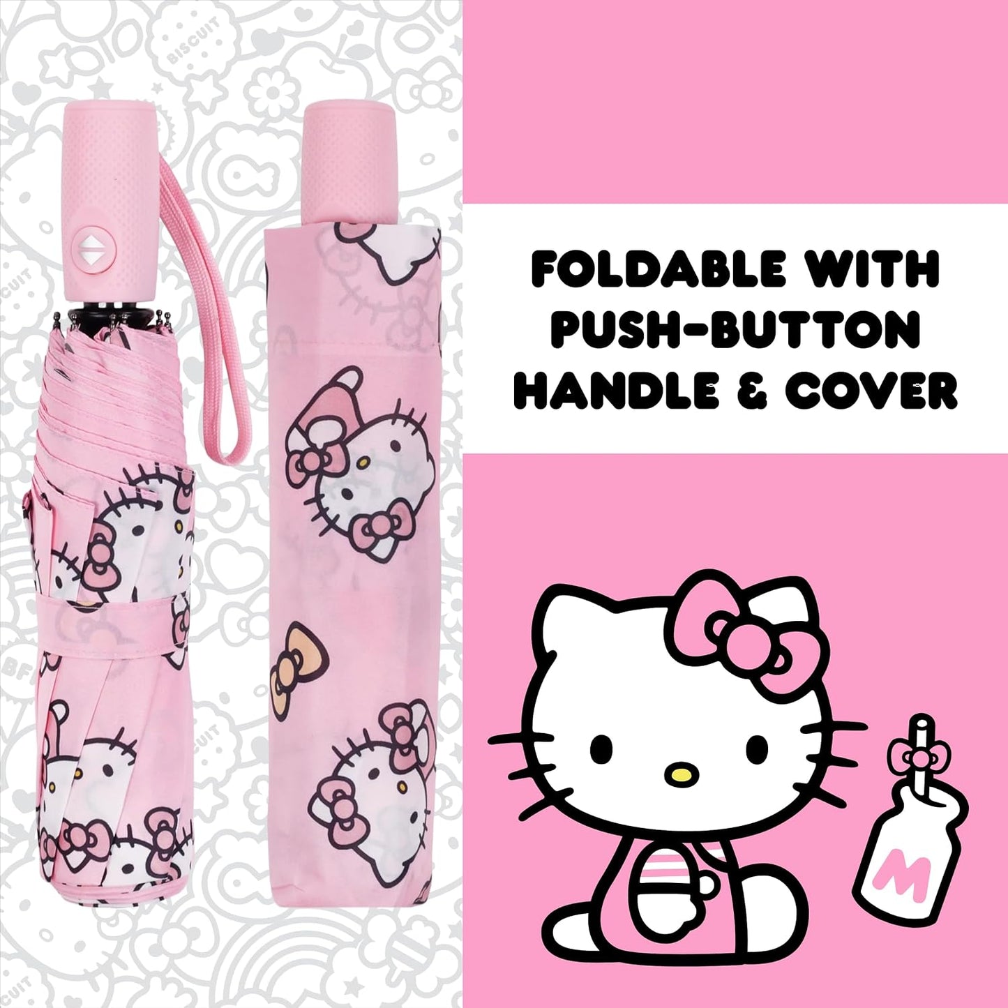 Hello Kitty Gradient Bow Umbrella, Compact Auto Open and Close, Durable Frame, Matching Sleeve, Pink