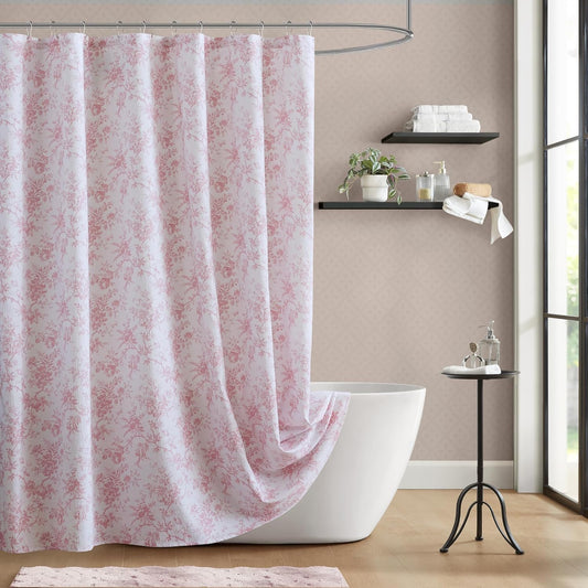 Laura Ashley Walled Garden Shower Curtain, Textured Cotton-Rich Slub Fabric, Tonal Floral Print, Elegant Transitional Bathroom Decor, Machine Washable 72"x72", Pink