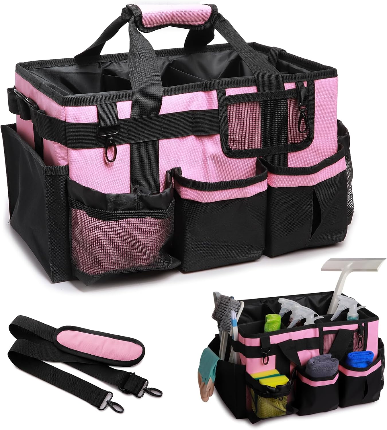 14 inch Large Cleaning Supplies Organizer, Pink Tool Bag with Handle & Adjustable Shoulder Straps, Cleaning Bags for Housekeepers, Cleaners, Cleaning Supply Caddy