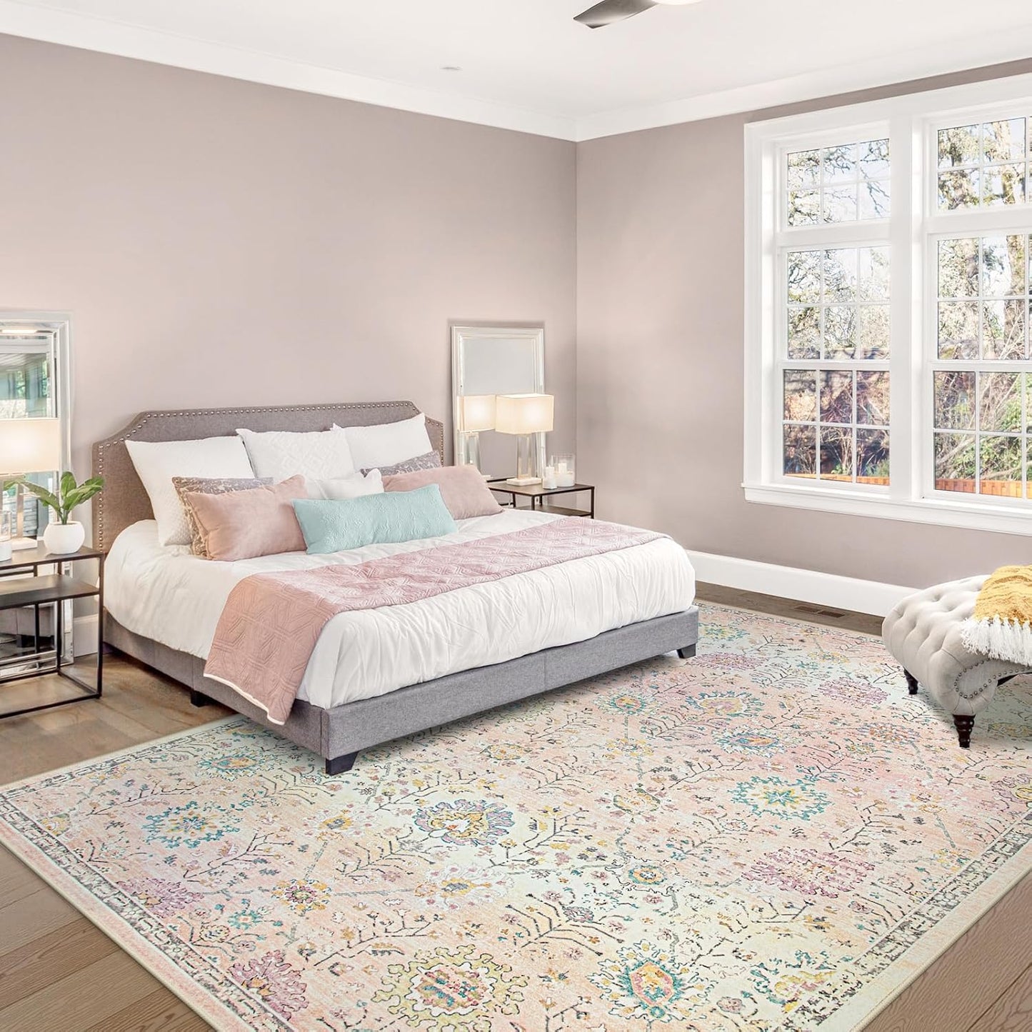 Lahome Flavie Light Pink Boho Rug, 6x9 Washable Rugs for Bedroom Girls, Soft Floral Kids Carpet with Non-Slip Backing for Nursery Playroom Kids Room