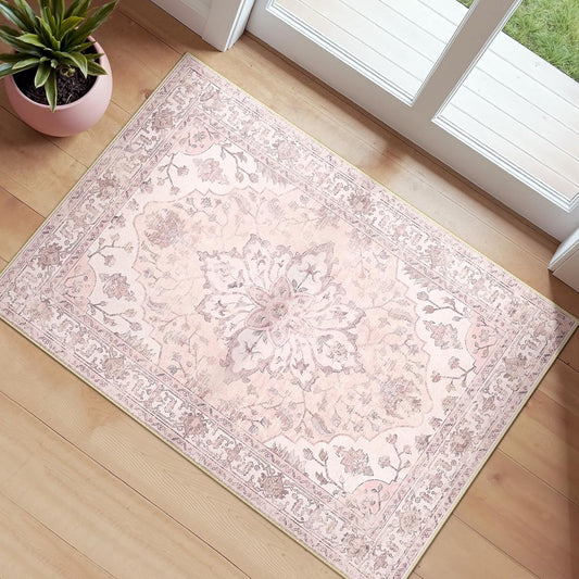 RELEANY Area Rugs Small 2'x3' Washable Non-Slip, Floral Vintage Distress Medallion Carpet for Kitchen Entryway Bathroom, Pink Greypink Cute