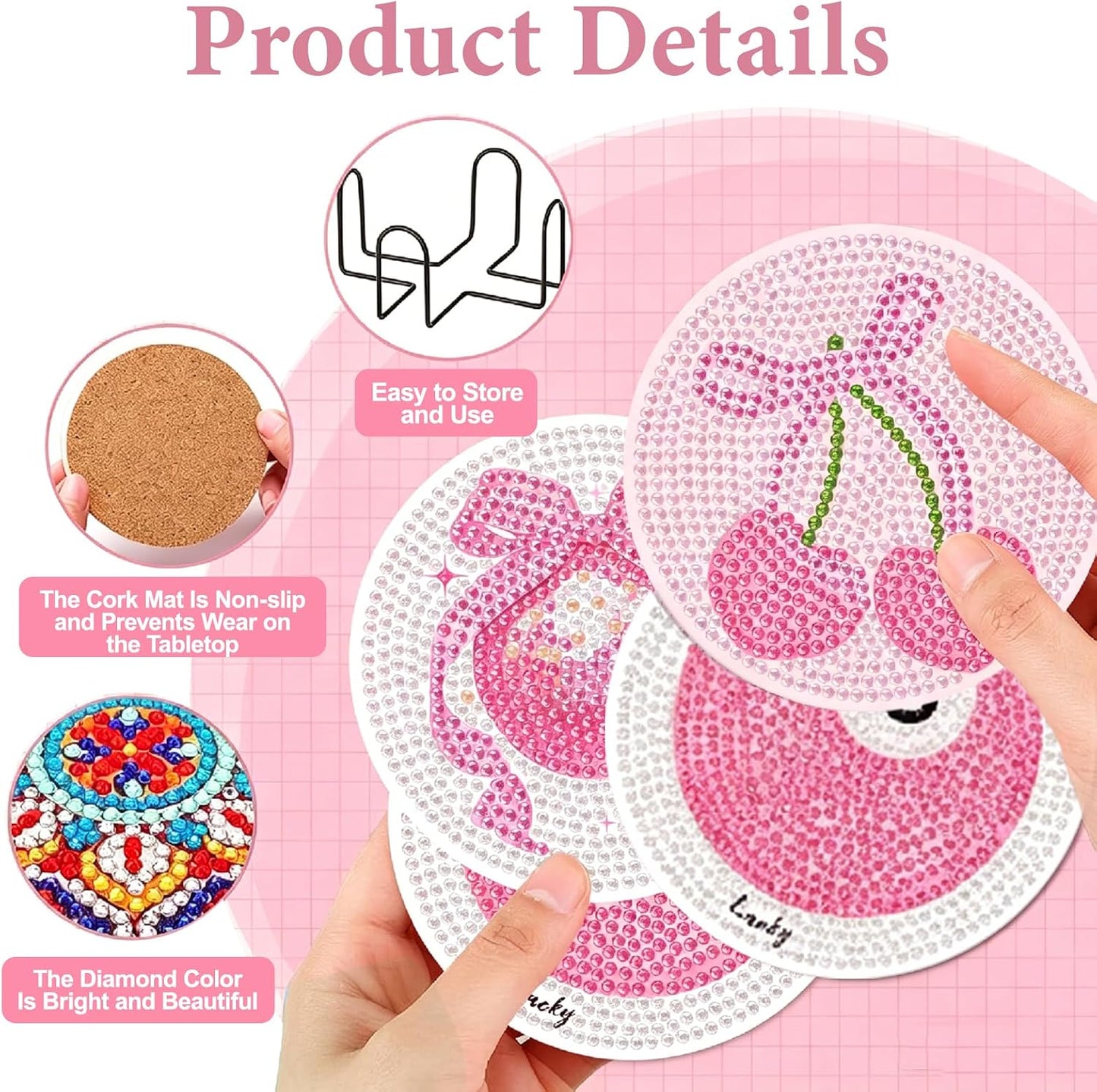 8Pcs Coquette Diamond Art Coasters Kits for Adults, Pink Bow Diamond Painting Coasters Kits, Diamond Dot Coasters Crafts for Adults 5D Gem Art Kit Easy Crafts, Girls Home Decor Cocktail Book Gift DIY