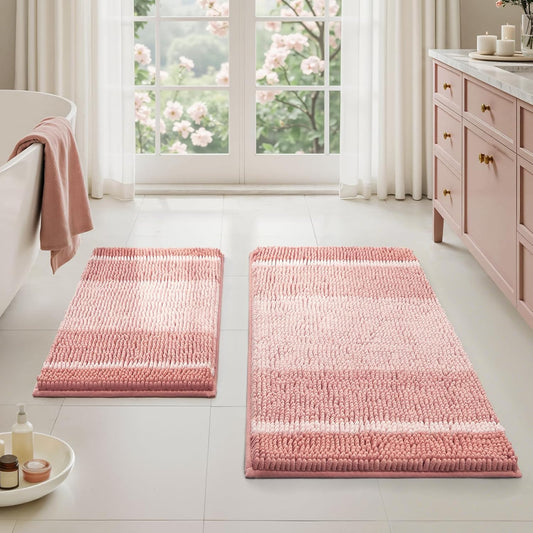 HOMEIDEAS Pink Bathroom Rugs Set of 2, Thick Absorbent Chenille Bath Mats, Non-Slip Soft Shaggy Rugs for Bathroom Floor, 20" x 32" & 17" x 24"
