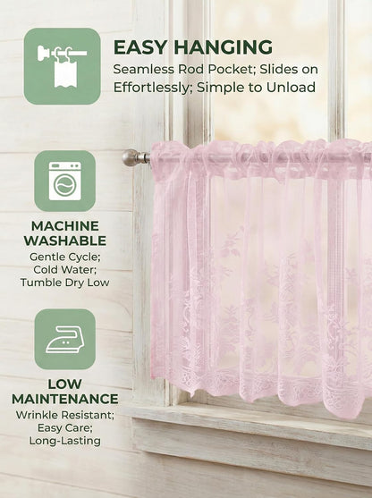 Molaxhome Lace Valances for Windows 51x16in, Floral Embroidered Kitchen Sheer Curtain Half Window Valance Cafe Dinning Bath Room 1 Pcs(Pink)