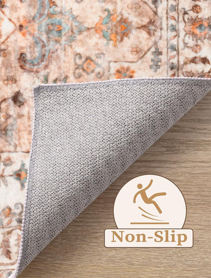 SERISSA Boho Washable Runner Rug, 2x6 Rug Non-Slip Vintage Peach Cream Hallway Kitchen Runner Rug Ultra Soft Print Distressed Floor Carpet for Bedroom Bathroom Laundry Living Room