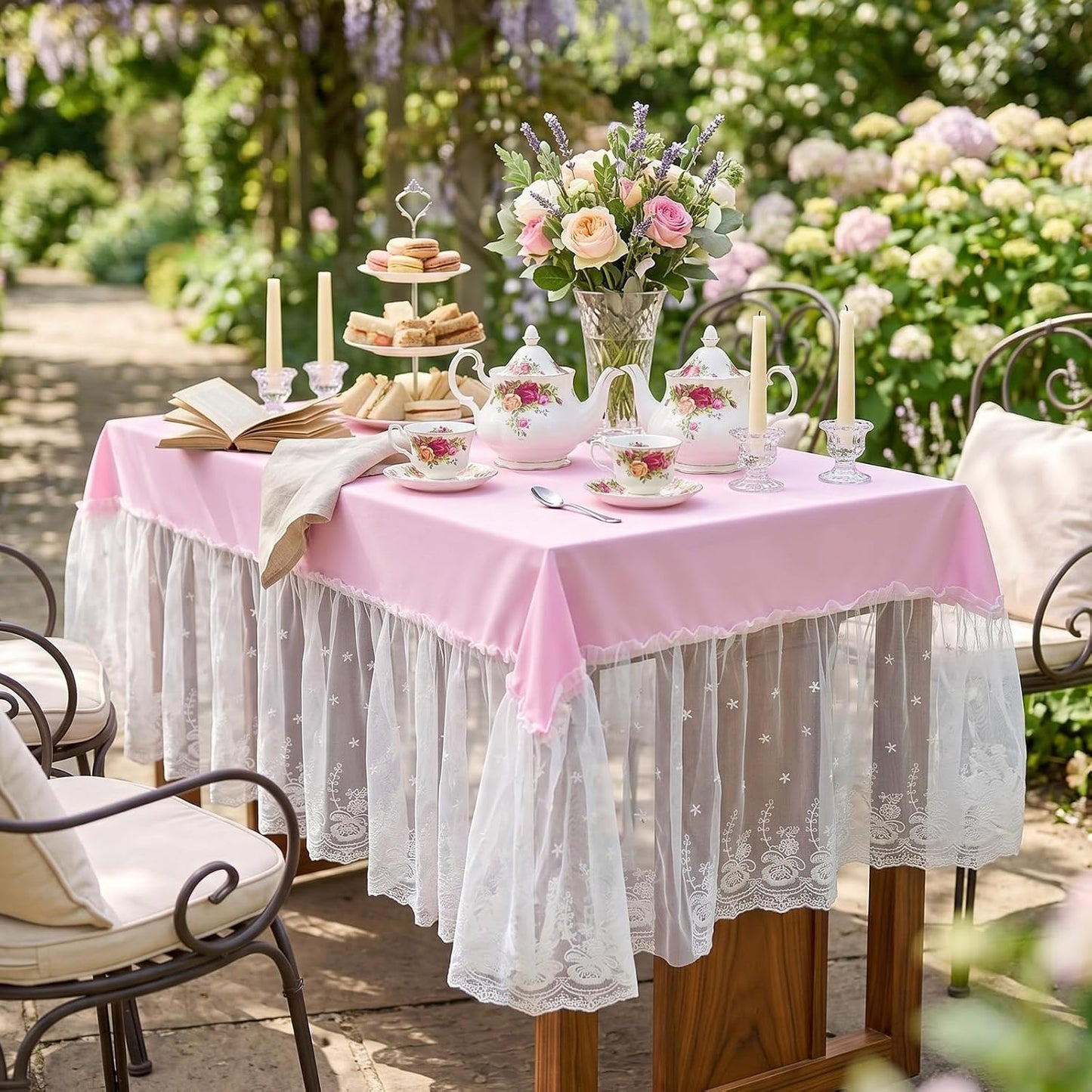 Mindsoft Pink Lace Ruffle Tablecloth 52 x 70 Inch, French Floral Edge Rectangular Table Cover, Washable Polyester Table Linen for Tea Party Baby Shower Bridal Shower Wedding Dessert Tables Decor