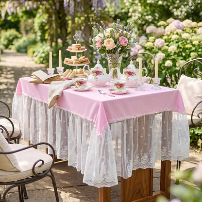 Mindsoft Pink Lace Ruffle Tablecloth 52 x 70 Inch, French Floral Edge Rectangular Table Cover, Washable Polyester Table Linen for Tea Party Baby Shower Bridal Shower Wedding Dessert Tables Decor