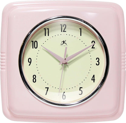 Infinity Instruments Square Silent Retro 9 inch Mid Century Modern Kitchen Diner Retro Wall Clock Quartz Sweep Movement (Pink)
