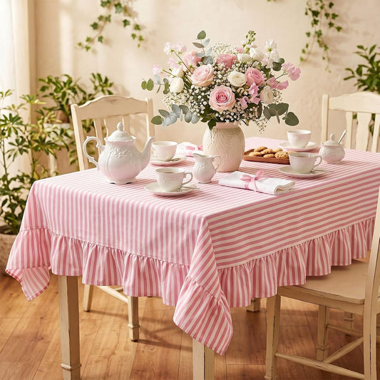 Mindsoft Pink Striped Ruffled Tablecloth 60 x 120 Inches Cotton Linen Rectangular Striped Table Cloth Classic Farmhouse Vintage Table Cover Decorative Pattern for Holiday Party