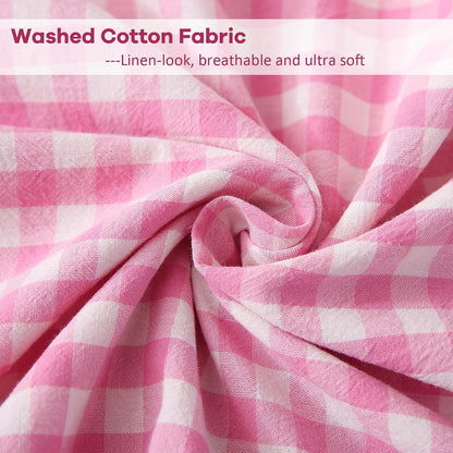 2 Pack Pink White Plaid Ruffle Gingham Throw Lumbar Pillow Shams, 100% Washed Cotton Girly Farmhouse Decorative Checkered Pillow Covers Zipper Closure - 20''x12''