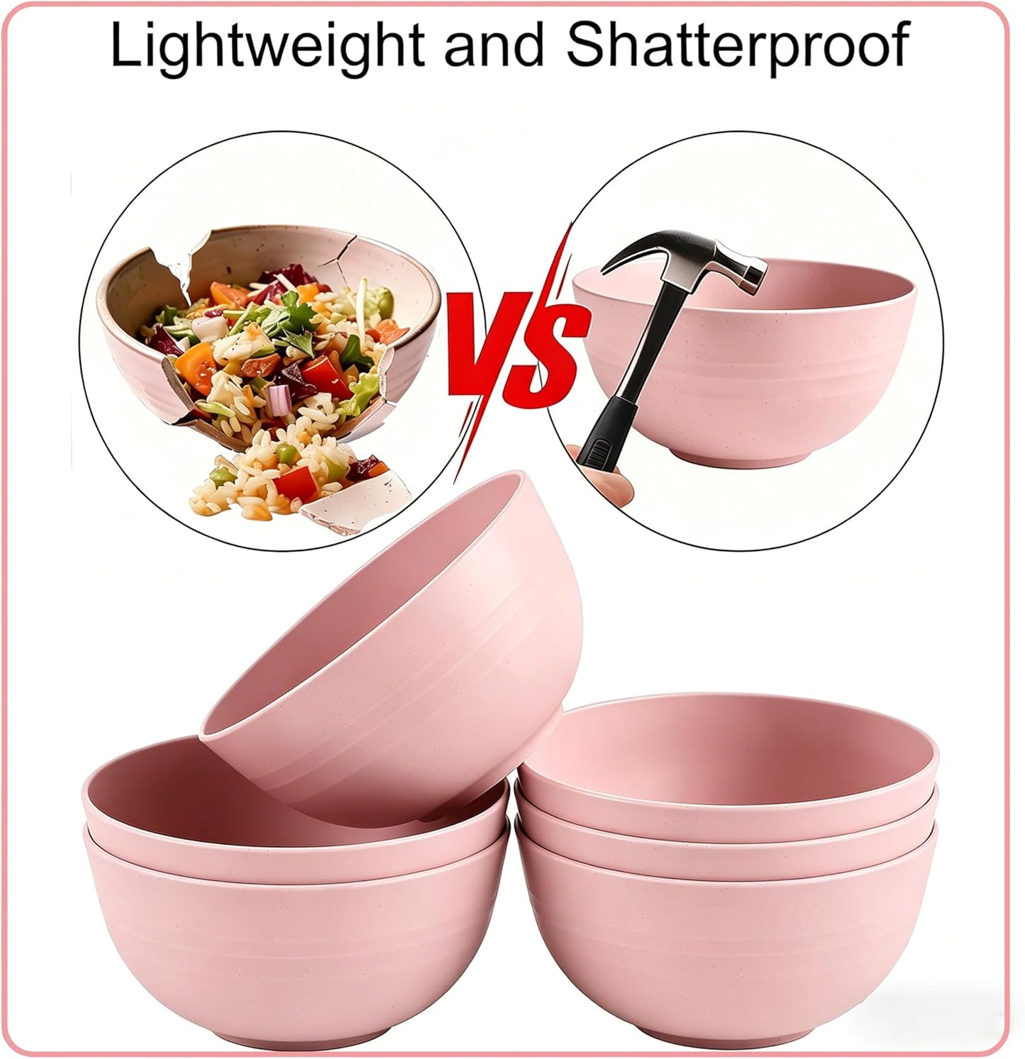 Set of 6 Wheat Straw Bowls, Unbreakable Cereal Bowls, 685ml Capacity, Microwave and Dishwasher Safe, Lightweight, Stackable Salad Bowls for the Kitchen (Pink)