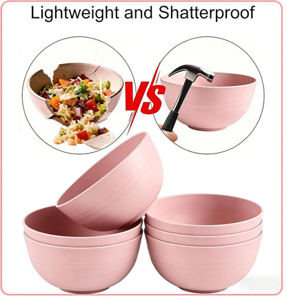 Set of 6 Wheat Straw Bowls, Unbreakable Cereal Bowls, 685ml Capacity, Microwave and Dishwasher Safe, Lightweight, Stackable Salad Bowls for the Kitchen (Pink)