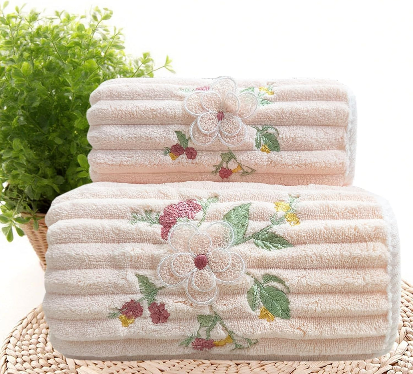 ABREEZE Embroidered Peony Flower Towel Set, Pink,2pc Coral Fleece Soft and Fluffy Absorbent Towels for Hotal,SPA and Bathroom(1 Bath Towel,1 Hand Towel)
