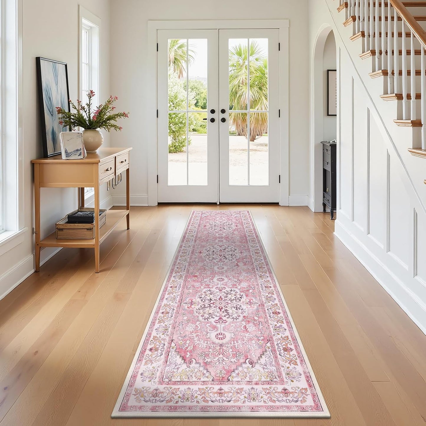 U'Artlines 2' x 8' Hallway Runner Rug, Pink Non Slip Washable Vintage Farmhouse Accent Rug Runner Carpet for Kitchen Entryway Laundry and Living Room(Peach Pink)