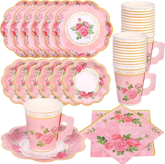 Kochorie 96 Pieces Floral Paper Tea Cups and Saucers 9 Oz Teacups with Handle 9 Inch and 7 Inch Paper Plates Saucers Napkins Disposable Tea Party Supplies Serve 24 for Wedding Baby Shower Party, Pink