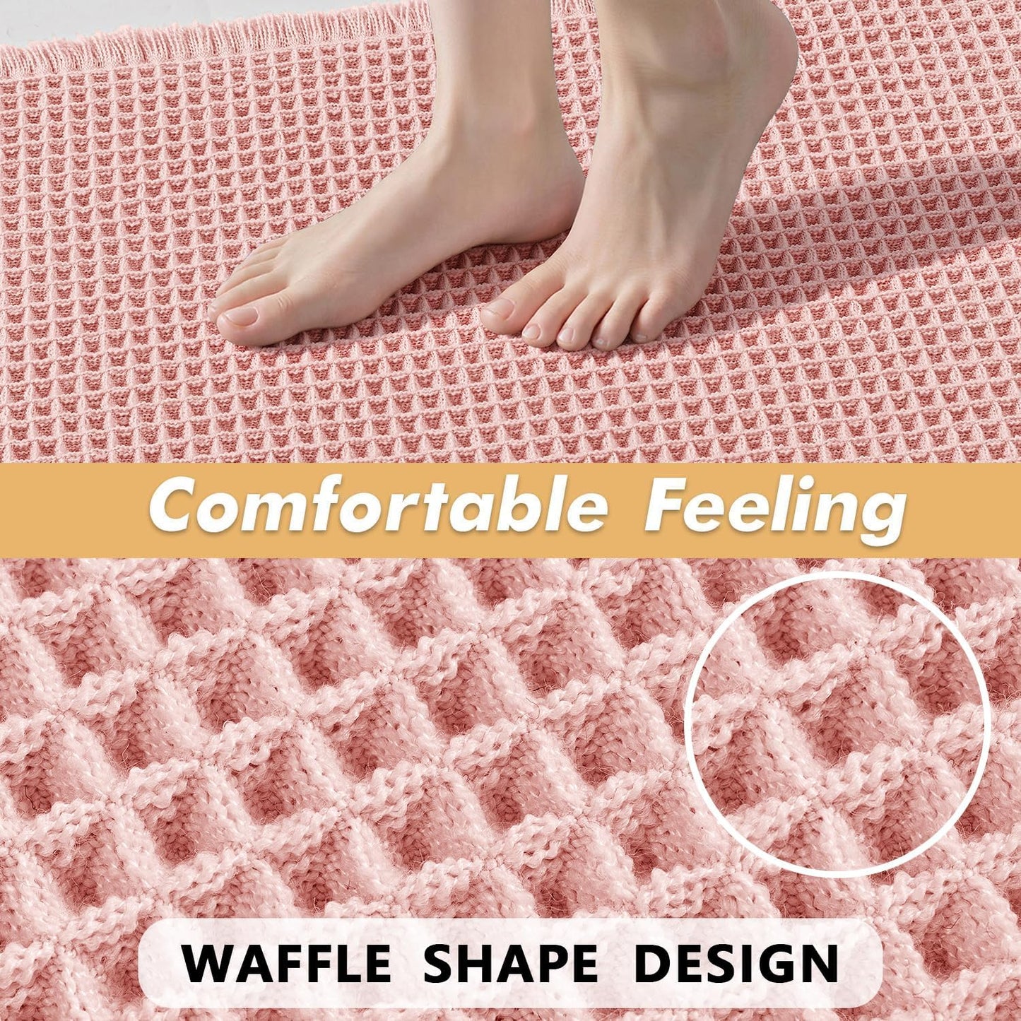MIULEE Set of 2 Waffle Bathroom Rugs, Boho Bath Rugs Non Slip Washable, Super Absorbent Bath Mats, Ultra Soft Rubber Backed Shower Mats for Bathroom Floor, Tub and Shower, Pink, 18x30 Inch