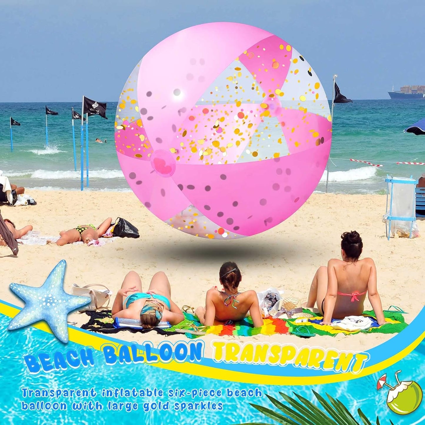 72 Inch Giant Pink Inflatable Beach Ball 6 ft Large Glitter Beach Ball UV Resistant Jumbo Swimming Pool Ball Clear Confetti Ball with a Repair Tape Floatable Ball for Swimming Beach Pool Party Decor