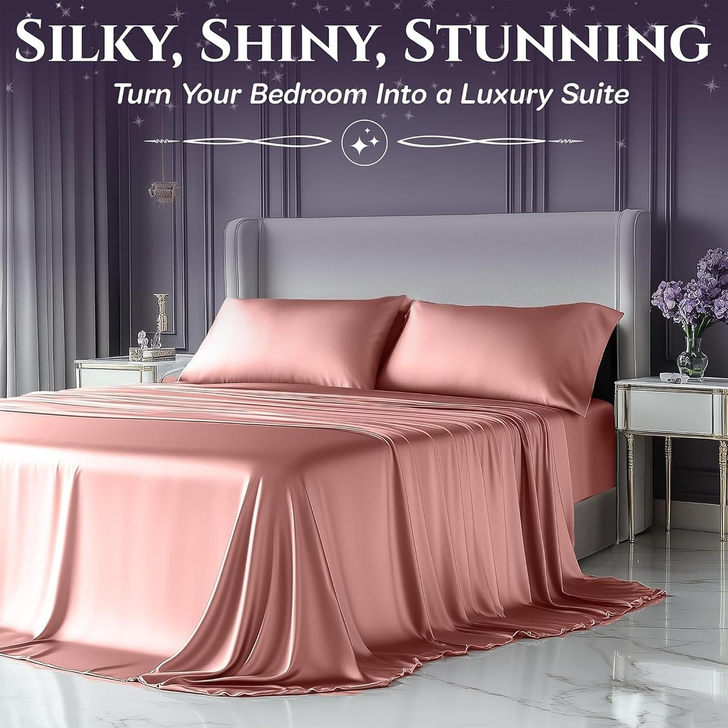 SLEEP SANCTUARY Satin Sheets King Size – 4 Piece Luxury Silky Bed Set, Softer Than Silk, 15" Deep Pocket, Cooling & Wrinkle-Free, Moisture-Wicking & Breathable for Hair & Skin (Blush Pink)
