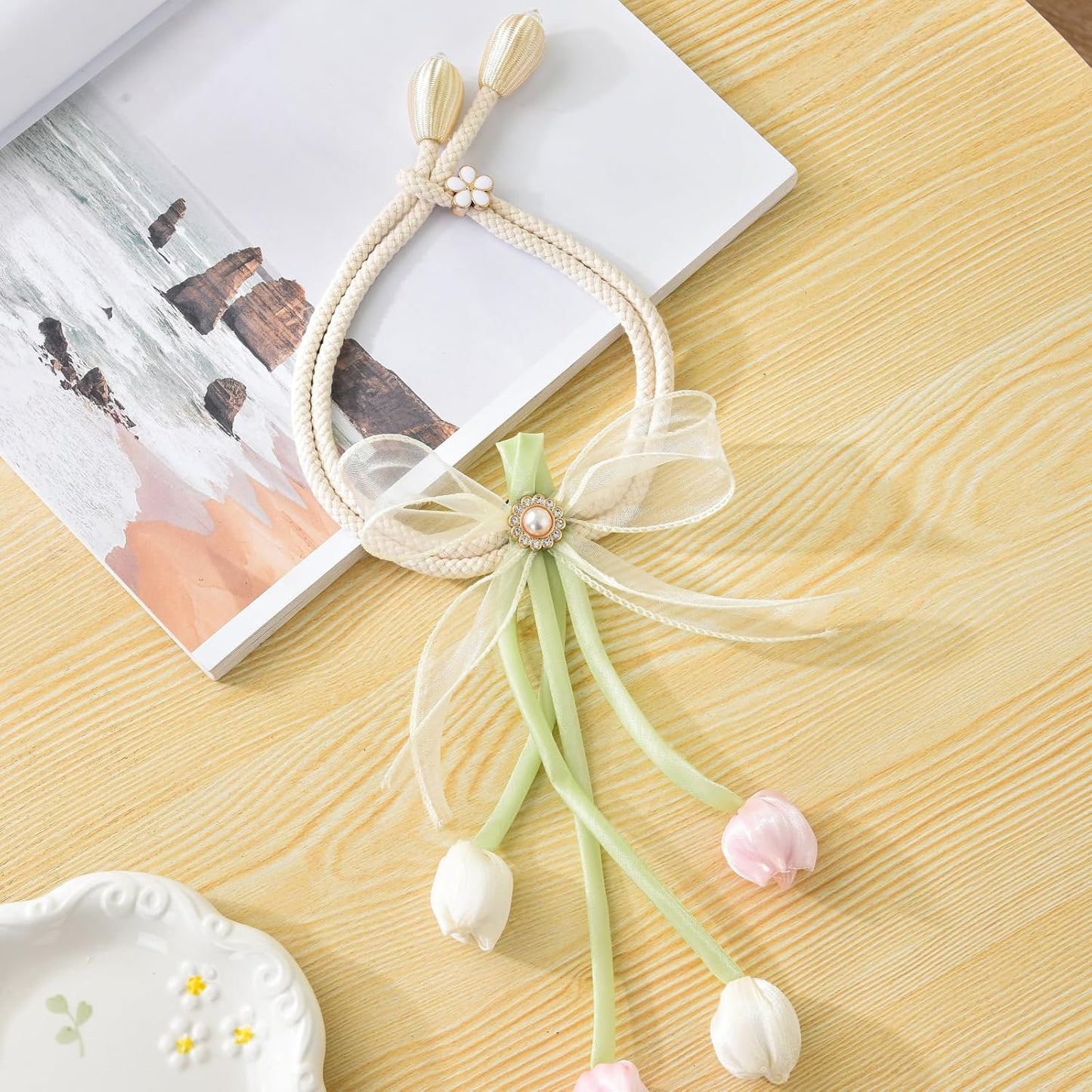 SUQ I OME 1 Pair of 100% Handmade Tulip Flower Curtain Tiebacks with Bowknot,Curtain Ties,Curtain Holdbacks,Pink