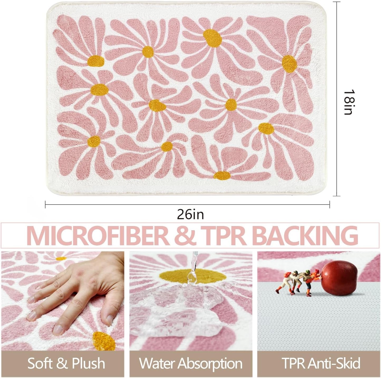 SHIYUE Pink Bathroom Mat Cute Flower Bath Rug, Soft Cozy Microfiber Slip Floor Carpet Decor Absorbent Washable，Girls Bedroom Bathtub Shower(18x26in)