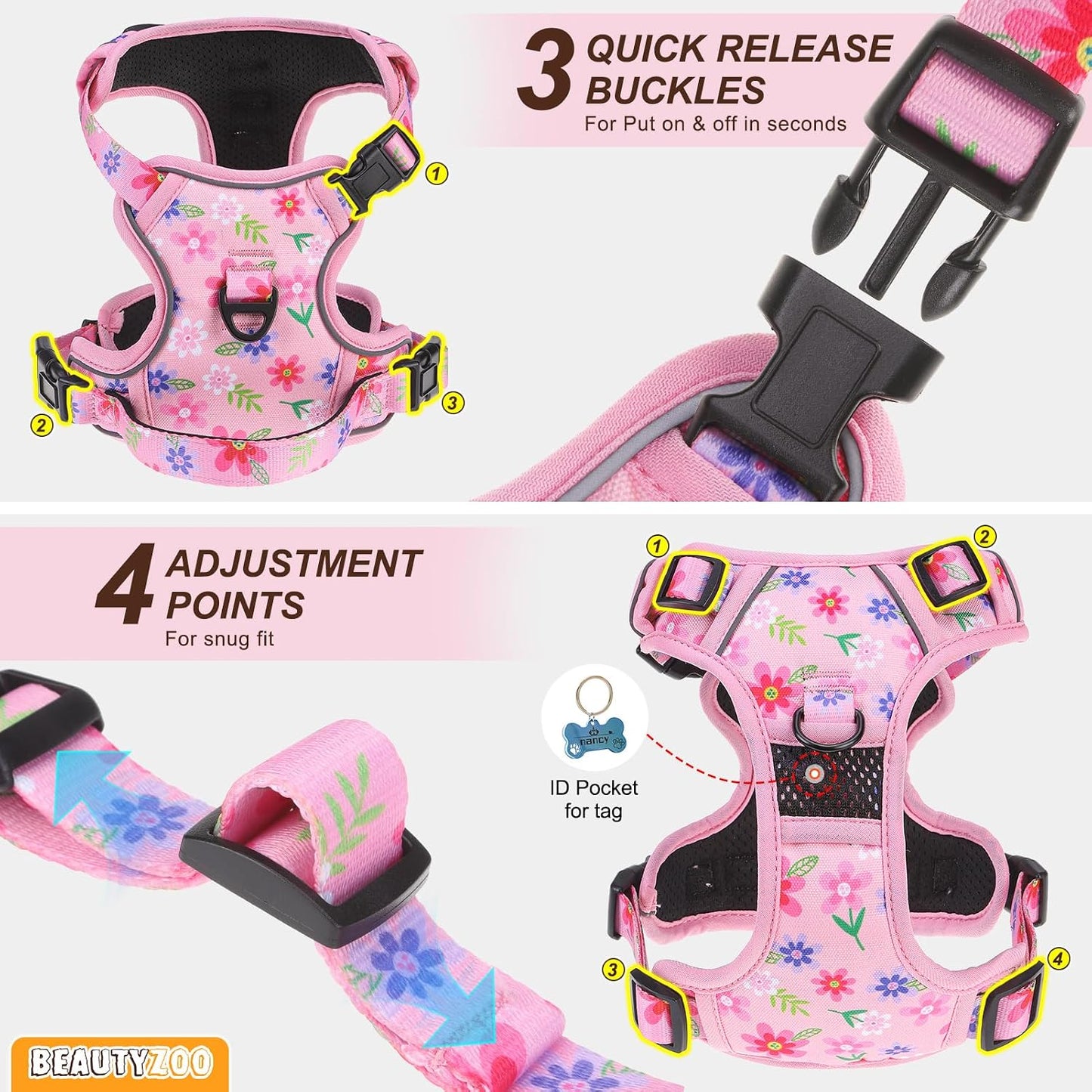 BEAUTYZOO No Pull Dog Harness and Leash Set with 2 Metal Leash Clips - Overhead-Free 3 Snap Buckles Design, Adjustable No-Choke Soft Padded Reflective Oxford Pet Vest for Small Medium Large Dogs, M