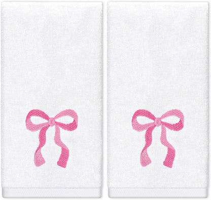 FYSUIMU 2Pcs Pink Bow Hand Towels Cotton Embroidered Bathroom Towels Coquette Bowknot Absorbent Bath Towel for Hand Drying Cleaning Cooking, 29.5 x 13.7 Inch