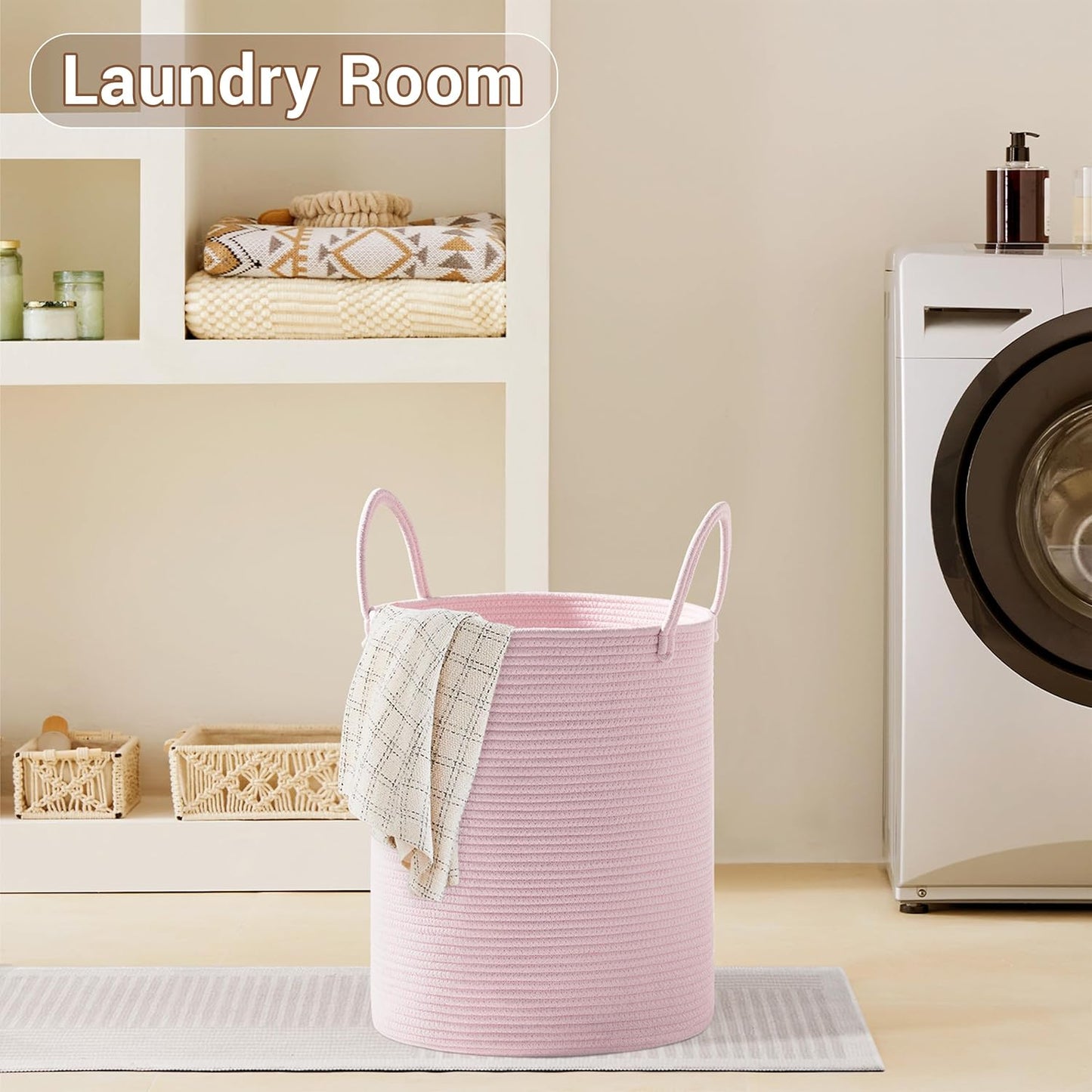 Girls' Tall Laundry Basket with Handles, 53L Portable Dirty Clothes Hamper, Boho Cotton Rope Storage Bin for Blankets Kids Toys Gifts, Decorative Organizer for Nursery Bedroom Bathroom, Pink