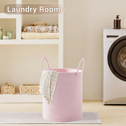 Girls' Tall Laundry Basket with Handles, 53L Portable Dirty Clothes Hamper, Boho Cotton Rope Storage Bin for Blankets Kids Toys Gifts, Decorative Organizer for Nursery Bedroom Bathroom, Pink