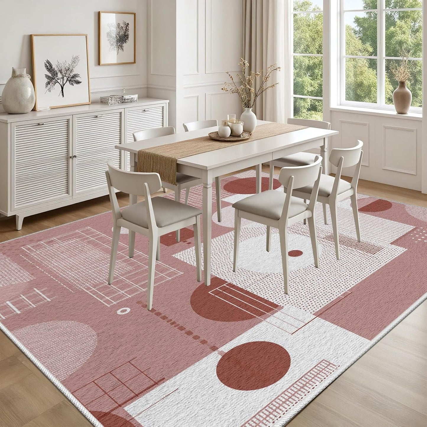 Geometric Checkered Circle Pattern Area Rugs 4x6 ft Abstract Modern Shag Rug Mid Century Peach Rugs Washable Non Slip Low Pile Soft Carpet for Indoor Dorm Bedroom Bathroom Dining Room