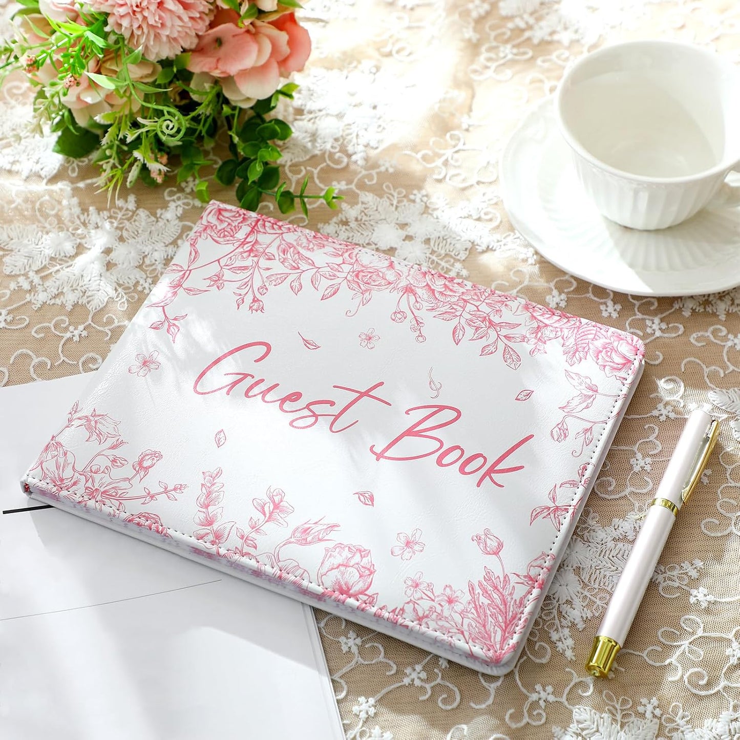 Panelee Wedding Guest Book 7 x 9 Inches for Reception with Pen Set Elegant Guest Book Bridal Shower Guestbook Beautiful Reception Guestbook for Wedding Graduation(Pink,Flower)