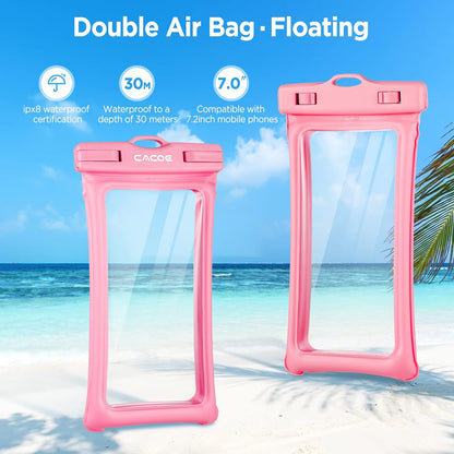 CACOE Floatable Waterproof Phone Pouch 2 Pack Up to 7.0",Black+Pink | Floatable, IPX8 Waterproof Phone Case,Adjustable Lanyard,Dry Bags for Beach/Cruise/Travel/Camping/Kayak/Vacation Essentials