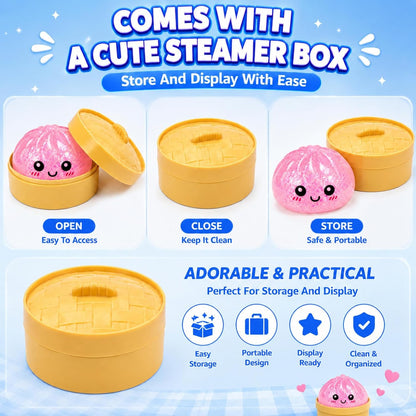 Mystery Sparkly Pink Dumpling Squishies with Steamer Box, Soft Stretchy Bao Bun Stress Relief Balls, Sensory Fidget Squeeze Toys for Anxiety Relief, Decompression Desk Toys