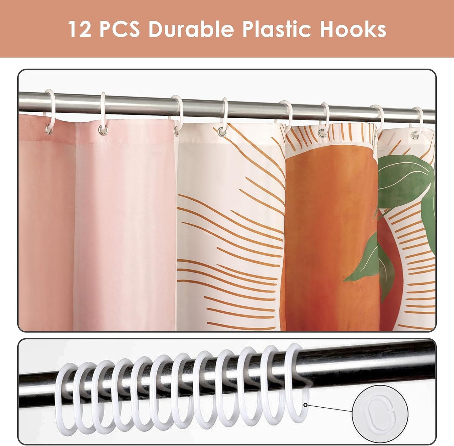 Mid Century Abstract Boho Orange Aesthetic Shower Curtain Set, Spring Summer Pink Green Nature Leaf Sun Modern Minimalist Home Bathroom Curtain Decor with 12 Hooks 72x72 Inches