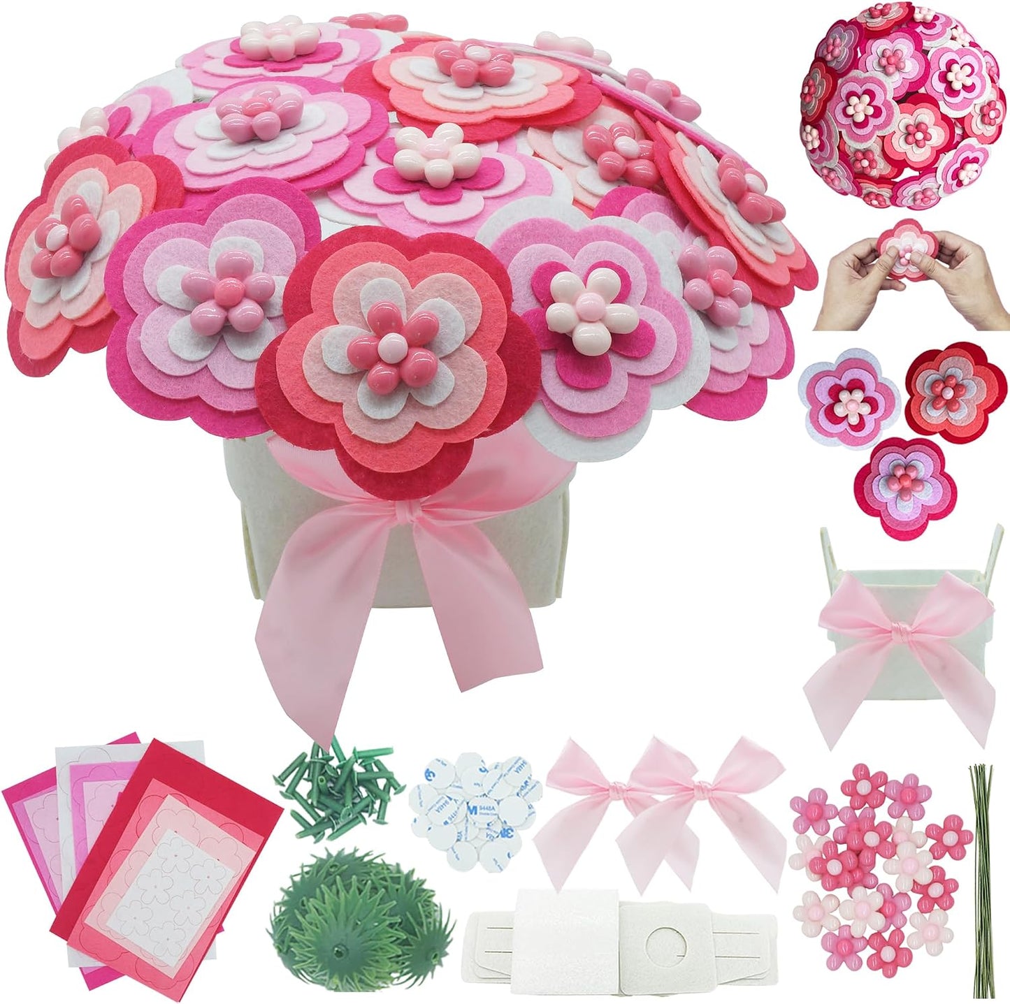BAZIMA DIY Felt Flower Art Craft Kit,Pink Bouquet Making Kit, Floral Gifts,Beginner Craft Kit, Arrange Pre-Cut Felt Flowers, Ideas for Art Project Activity,18 Felt Flowers.