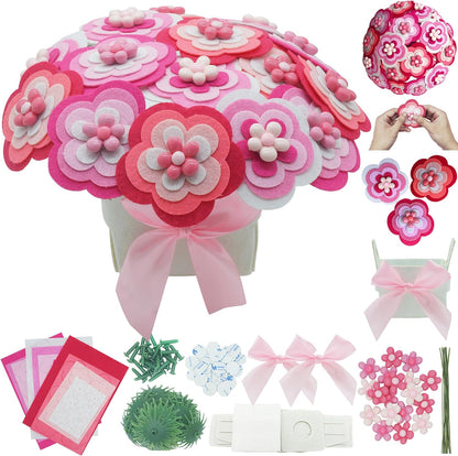 BAZIMA DIY Felt Flower Art Craft Kit,Pink Bouquet Making Kit, Floral Gifts,Beginner Craft Kit, Arrange Pre-Cut Felt Flowers, Ideas for Art Project Activity,18 Felt Flowers.